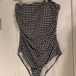 J Crew navy gingham ruched strapless swimsuit size 16